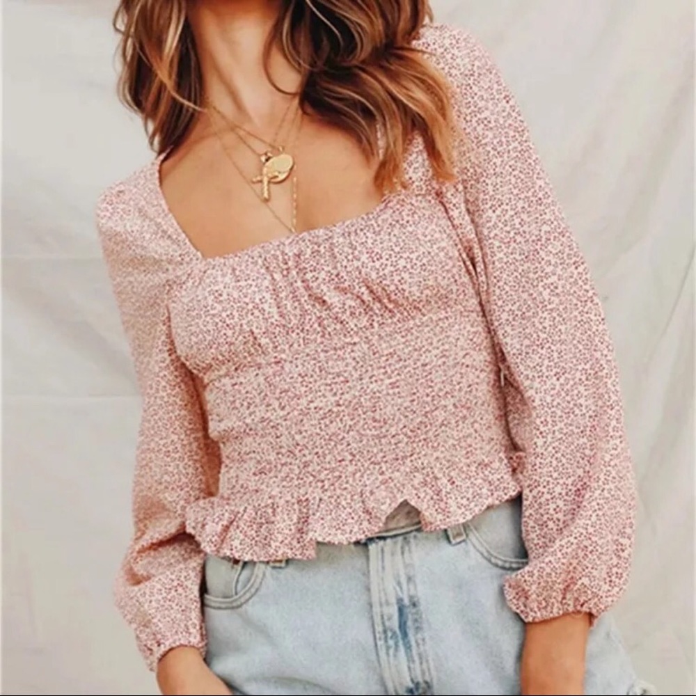 Boho Cream Red Square Necked Smocked Waist Top